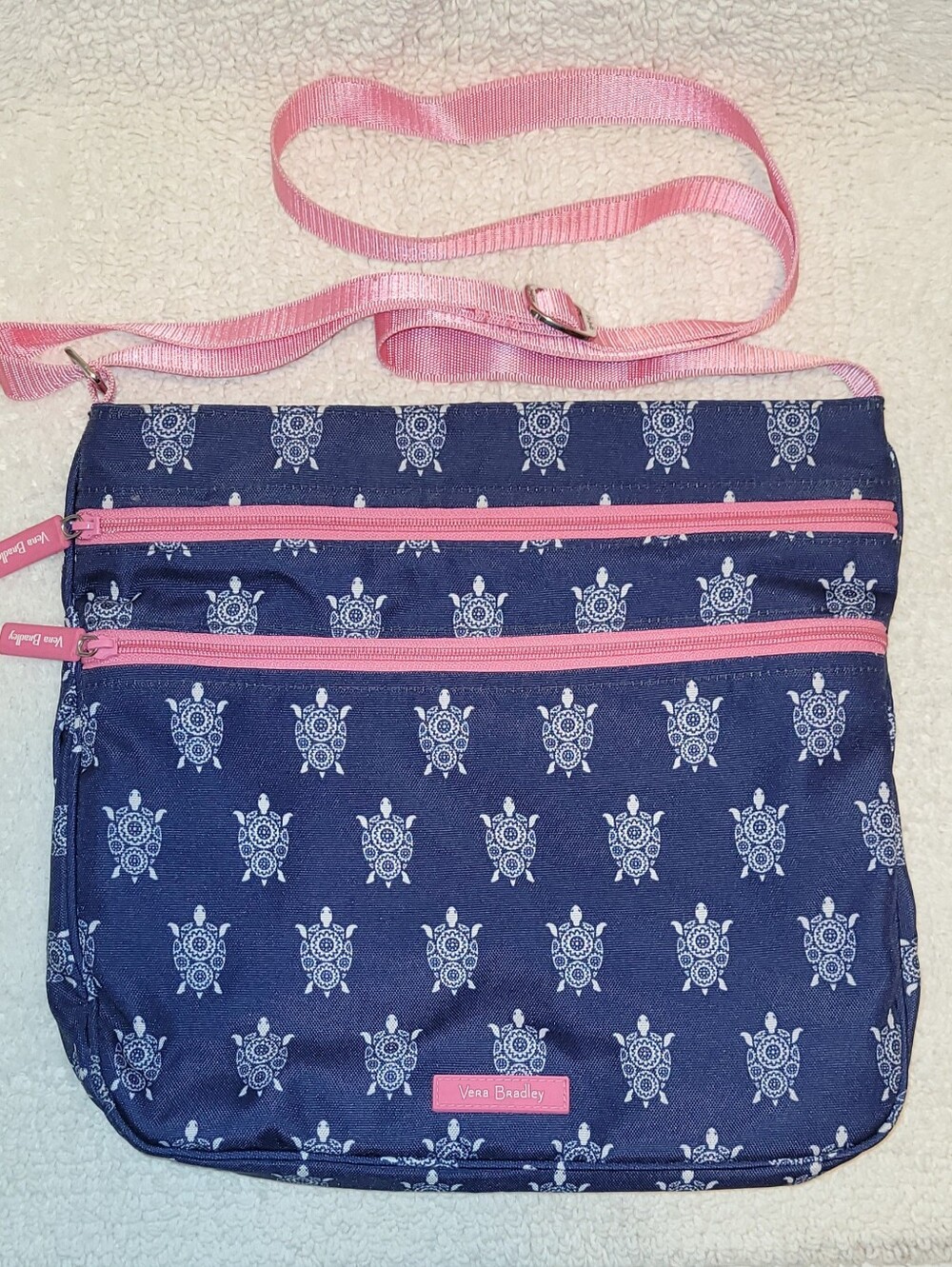 Vera Bradley Navy Turtle Print Triple Zip Crossbody Bag with Pink Accents